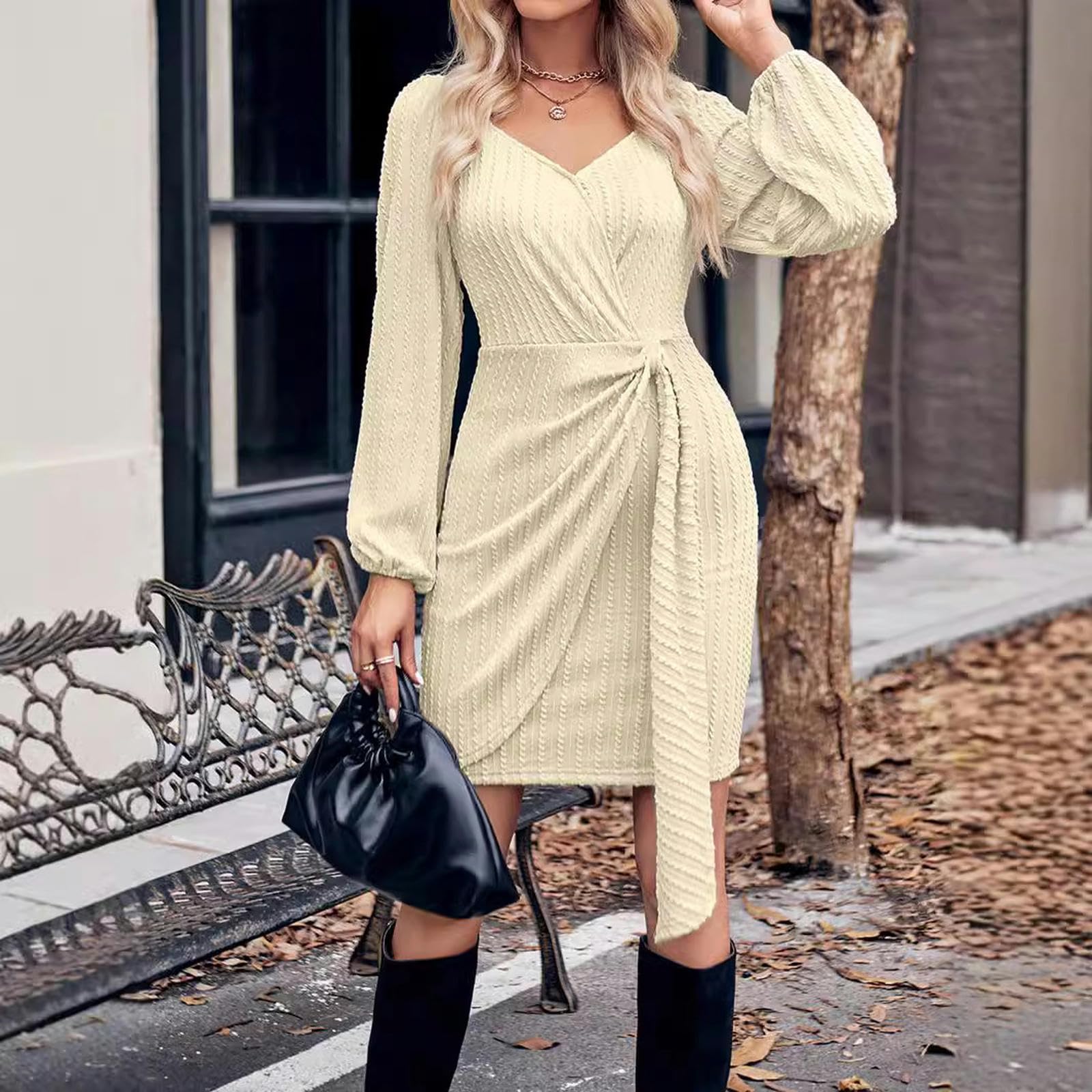 Vestito Lungo Donna Tendenza Moda Donna Autunno E Inverno, Abiti Aderenti con Scollo A V, Vita Sottile E Allacciata, Abiti Caldi, Abito Aderente, Abito in Maglia A Maniche Lunghe-Cachi-XL