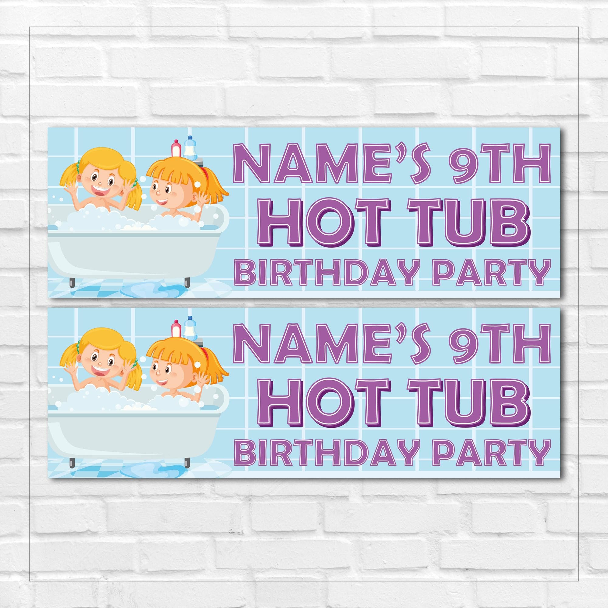 Set of two Personalised Hot Tub Birthday Banners Kids Adults Children Wall Party Decor - Any NAME or AGE - Any Message
