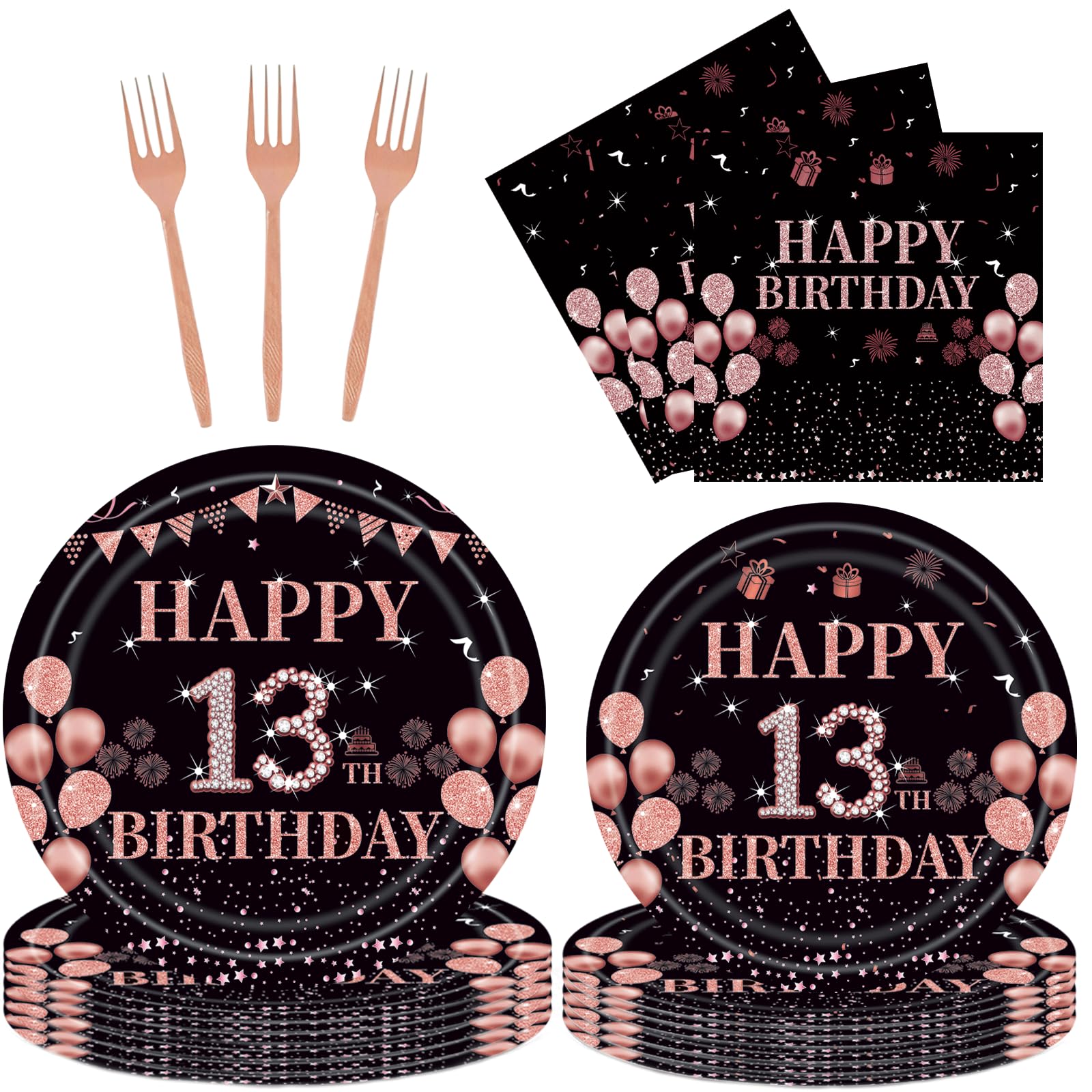 96PCS 13th Birthday Party Plates Set Rose Gold Theme Decorations Include Rose Gold Plates and Napkins Forks for 13 Year Old Girls Birthday Party