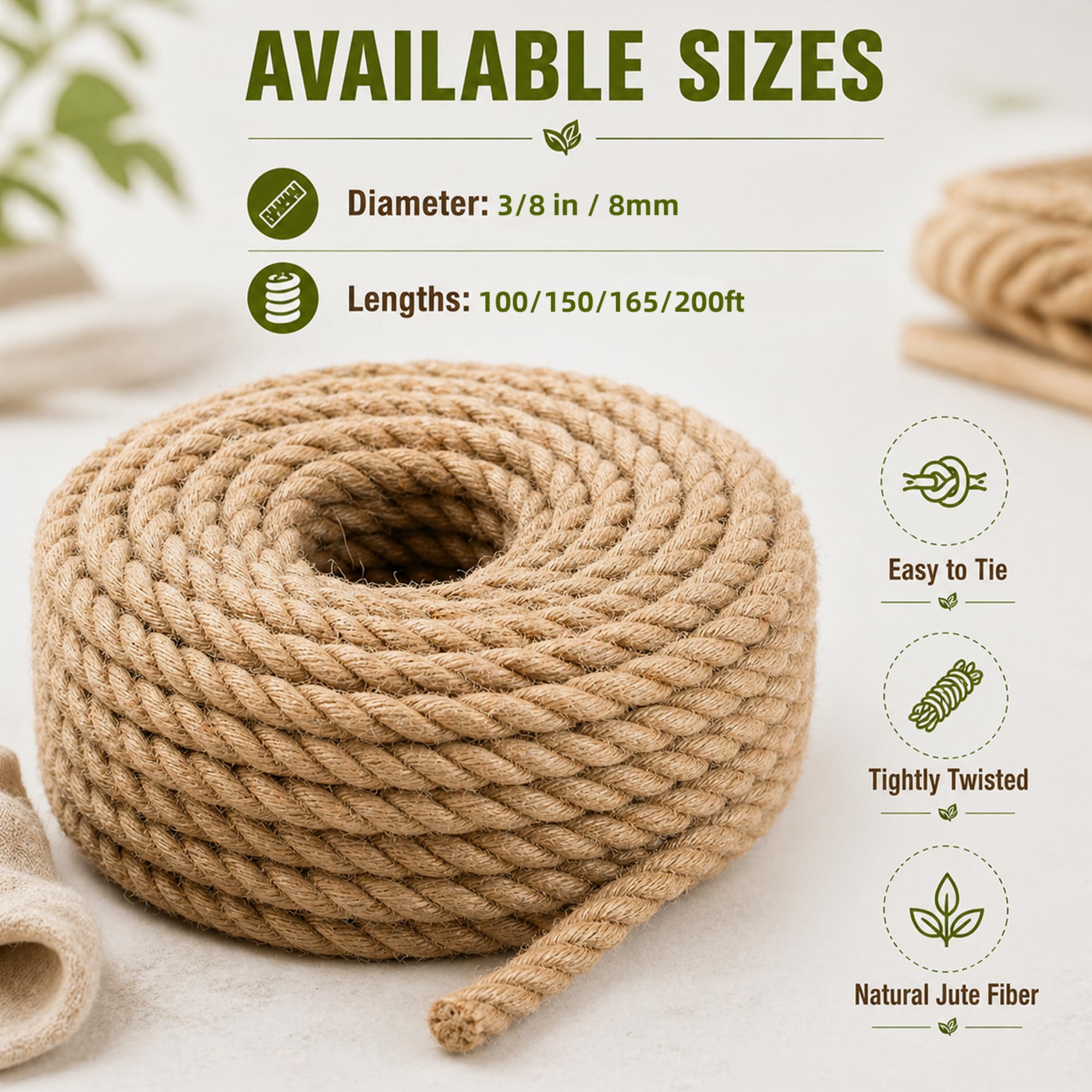 Corda di canapa 100% naturale (3/8 "x 50 m)forte spago di iuta per artigianato fai da te, tiragraffi per gatti, giardinaggio, decorazione