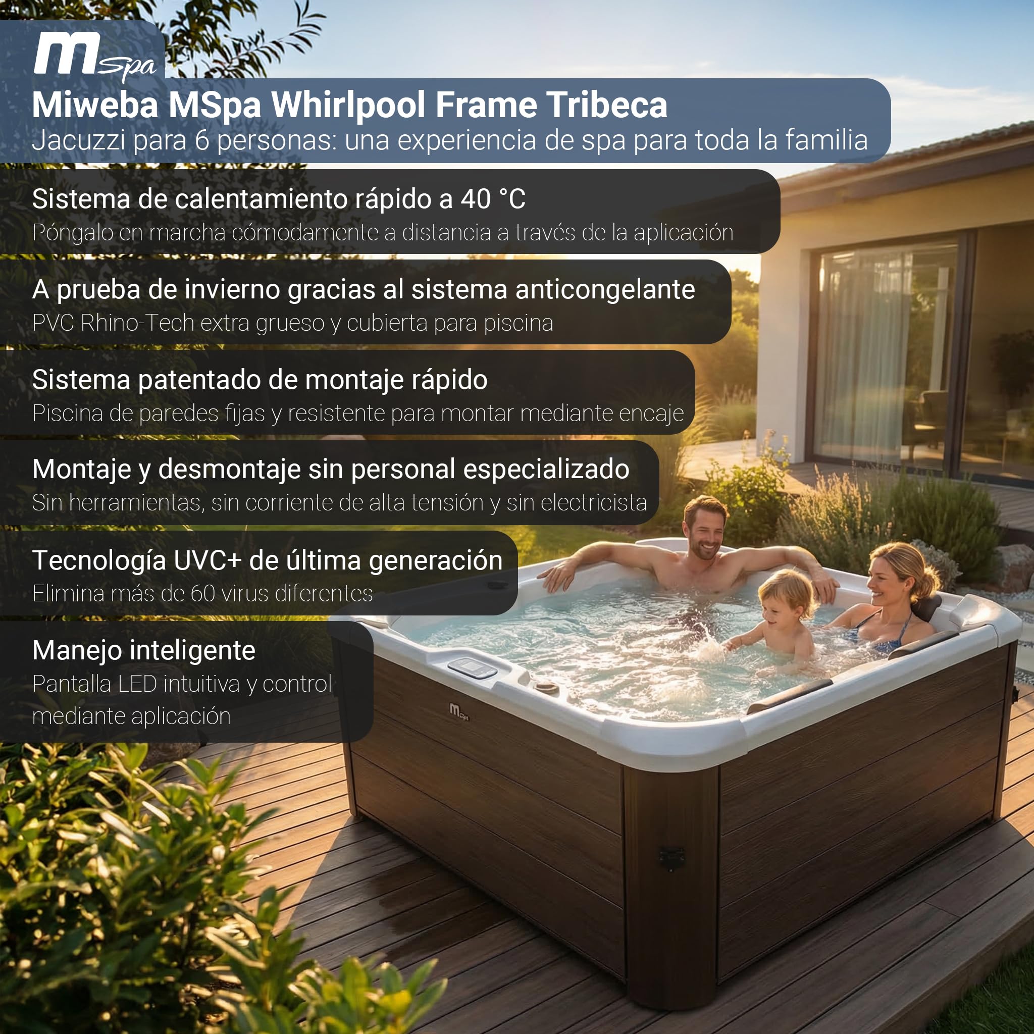 Miweba Whirlpool MSpa Tribeca con Pared Exterior Rígida | Control por App | SPA para 6 Personas | 160x160x65 cm | 120 Chorros de Masaje | Uso Todo el Año Resistente al Invierno