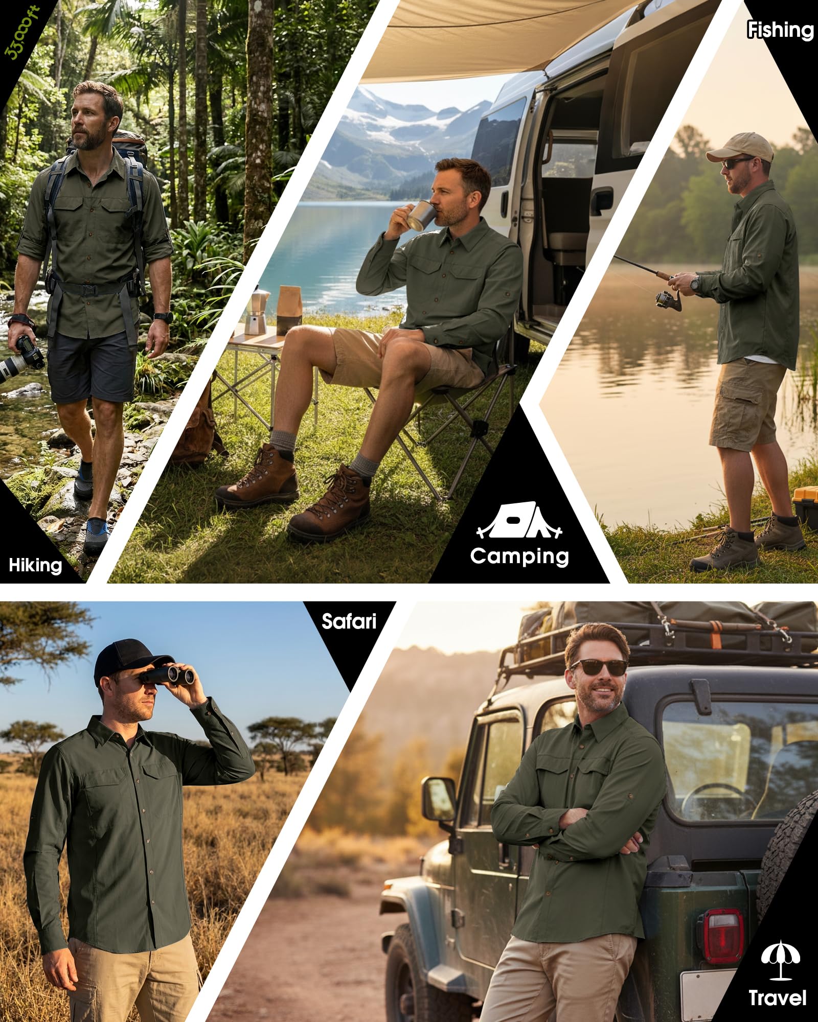 33,000ft Camisas de senderismo de manga larga para hombre, ligeras, de secado rápido, protección solar UV UPF 50, camisa de pesca, safari al aire libre, viajes, Verde, Large