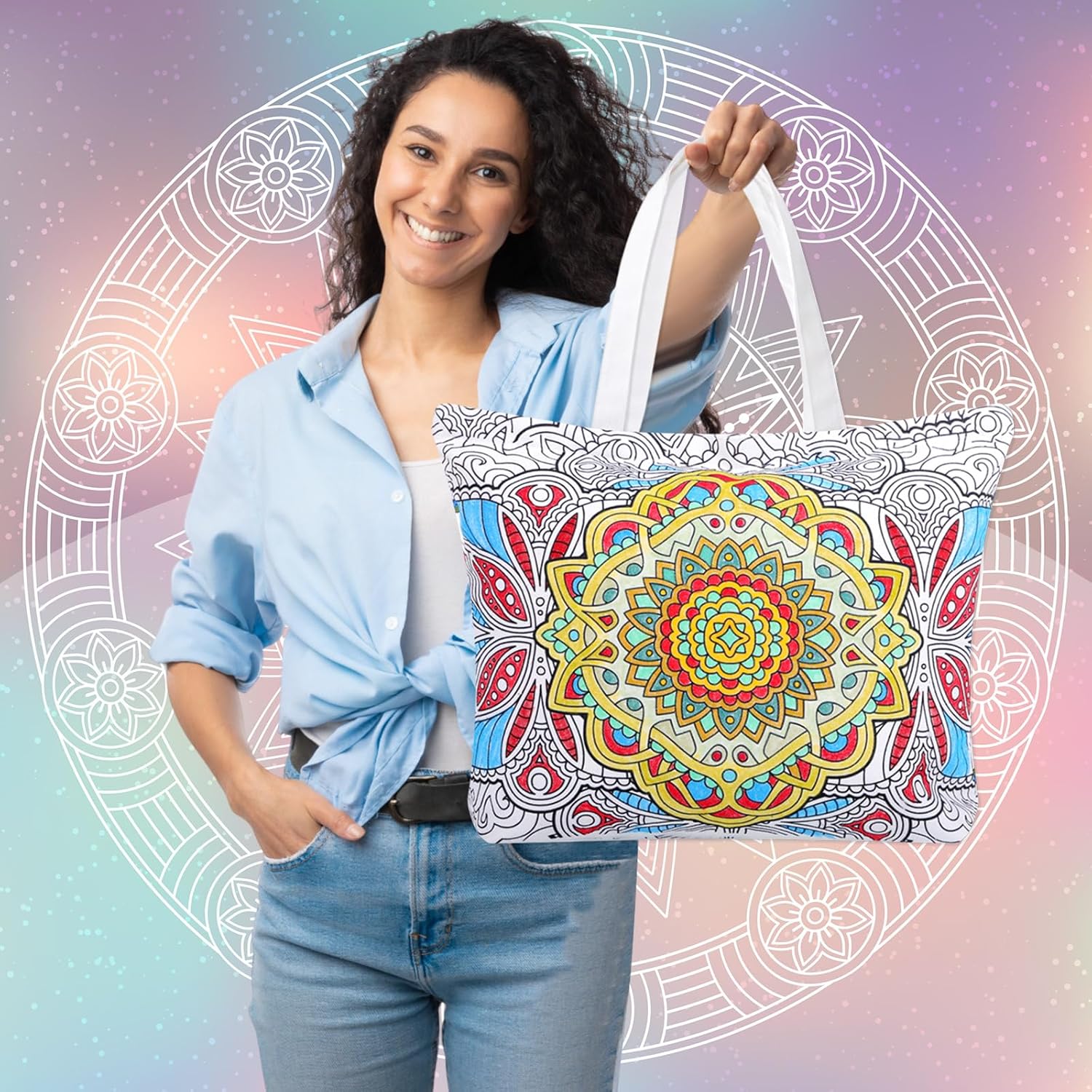 Mindsoft Color Your Own Tote Bag for Adults Craft Kits with 24 Acrylic Markers Colour Makeup Bag DIY Painting Art Kit for Women, 17.7 x 13.3 x 3.9 Inches(Mandala)