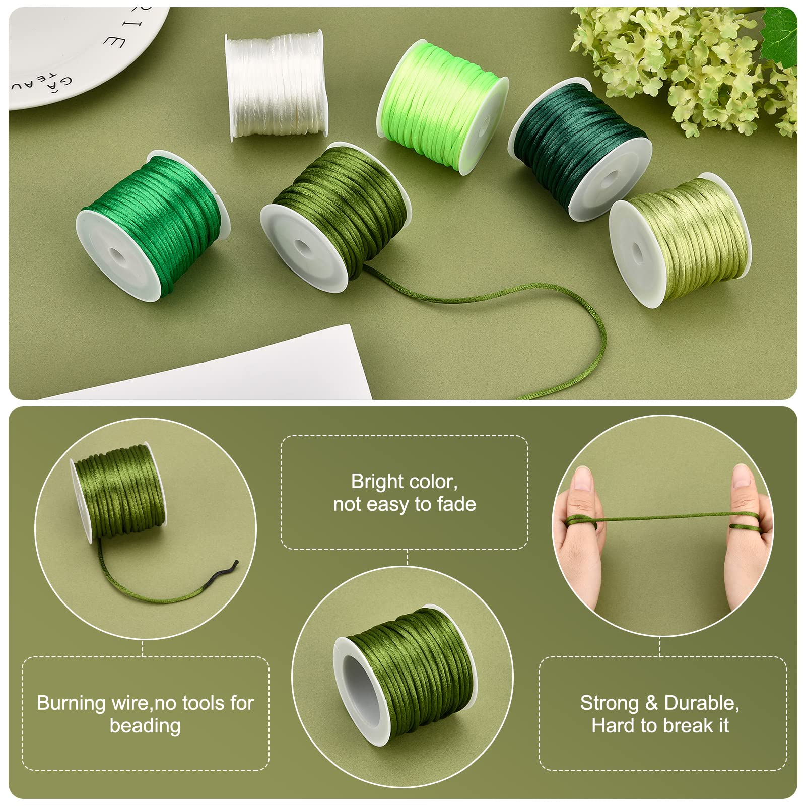 PH PandaHall 2mm Green Satin Nylon Cord Saint Patrick's Day Rattail Silk Cord Bracelet String Thread for Macrame Necklace Friendship Bracelets Kumihimo Dream Catchers Braid Hair Saint Patrick, 65yards - Image 8