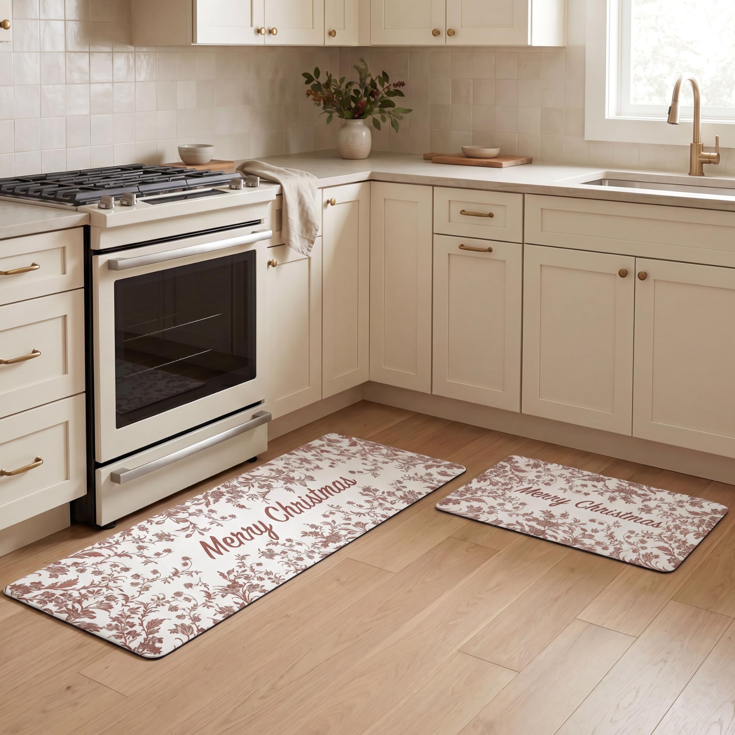 Laura Ashley Amberley Merry Christmas 2-Piece Anti Fatigue Kitchen Mat Set, Non Slip Cushioned Comfort Floor Mat, 17.5"x60"/17.5"x28", Red