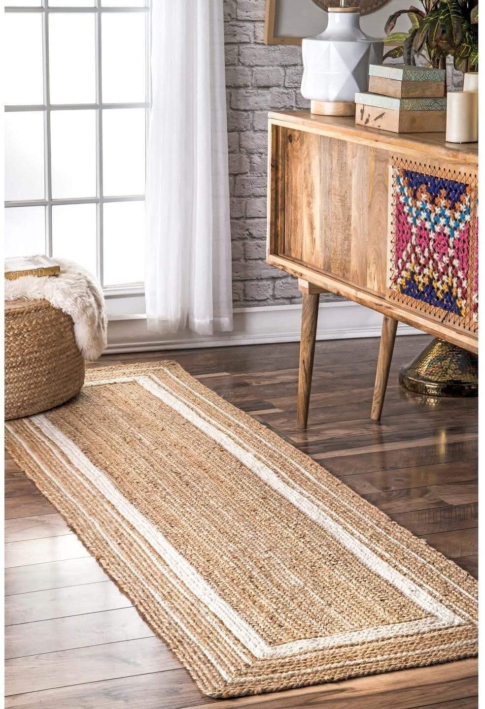 Tapis de Couloir en Jute Beige et Blanc ligné Fait à la Main (60 x 360 cm)