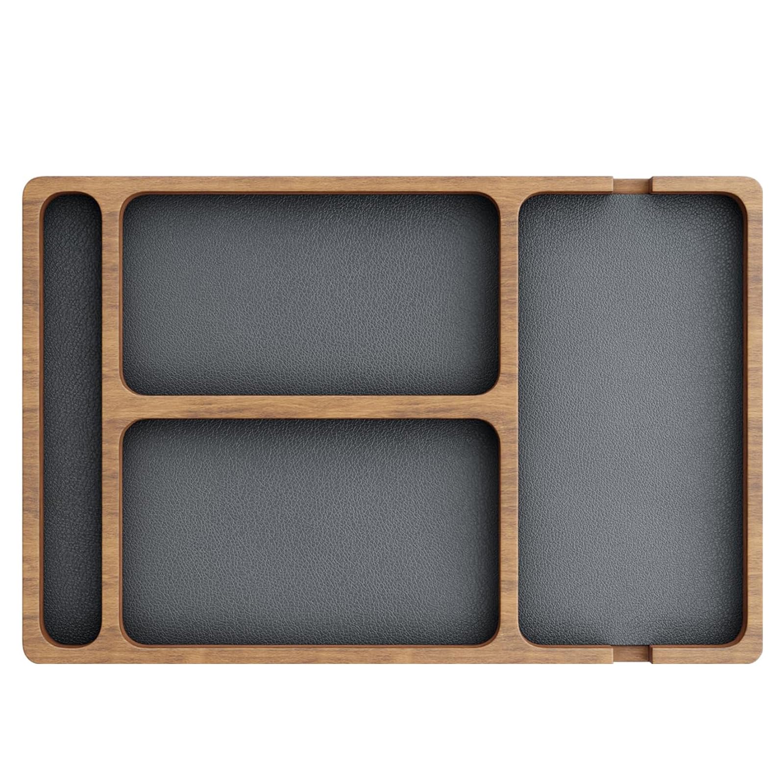 Organiseur de table de nuit, plateau voiturier en bois avec incrustation en cuir, organisateur table nuit 12 x 8 compartiments pour hommes et femmes, plateau fourre-tout pour clés, téléphone
