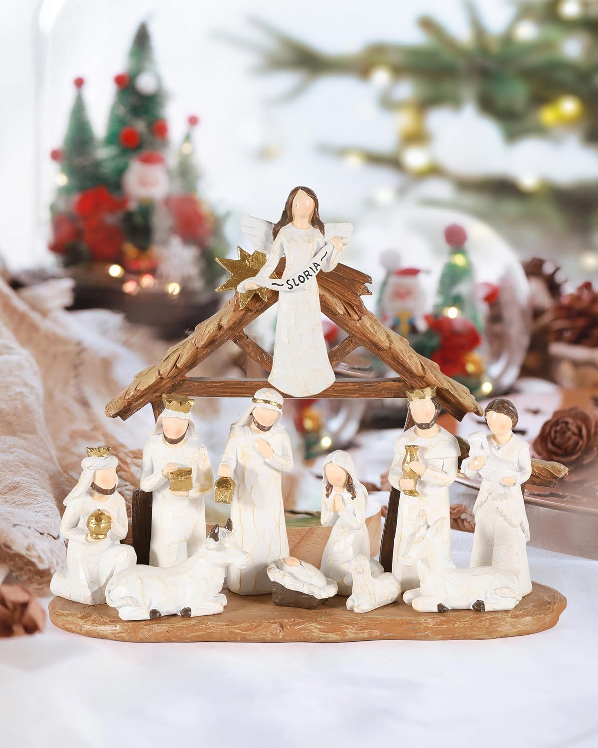 12 Set Nativity Scene Resin Figurines – Handcrafted Christmas Crèche with Holy Family, Mar Joseph Angel Wise Men Animals Stable – Religious Holiday Xmas Decoration for Home Church Mantel (Beige)