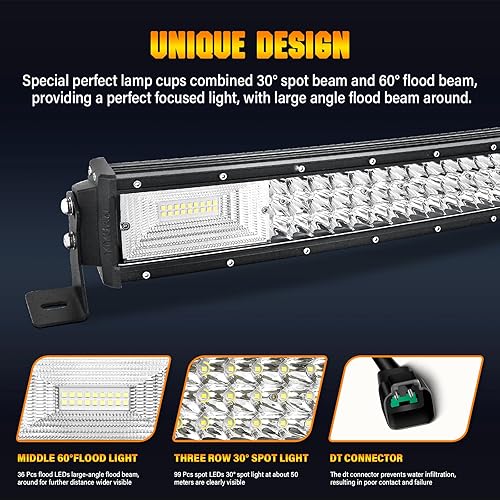 Miniatura 3 de RIGIDON Barra de luz LED curvada de 52 pulgadas y 675 W con conector DT, combo de punto de inundación de triple fila de 67500 lm, barra de luz