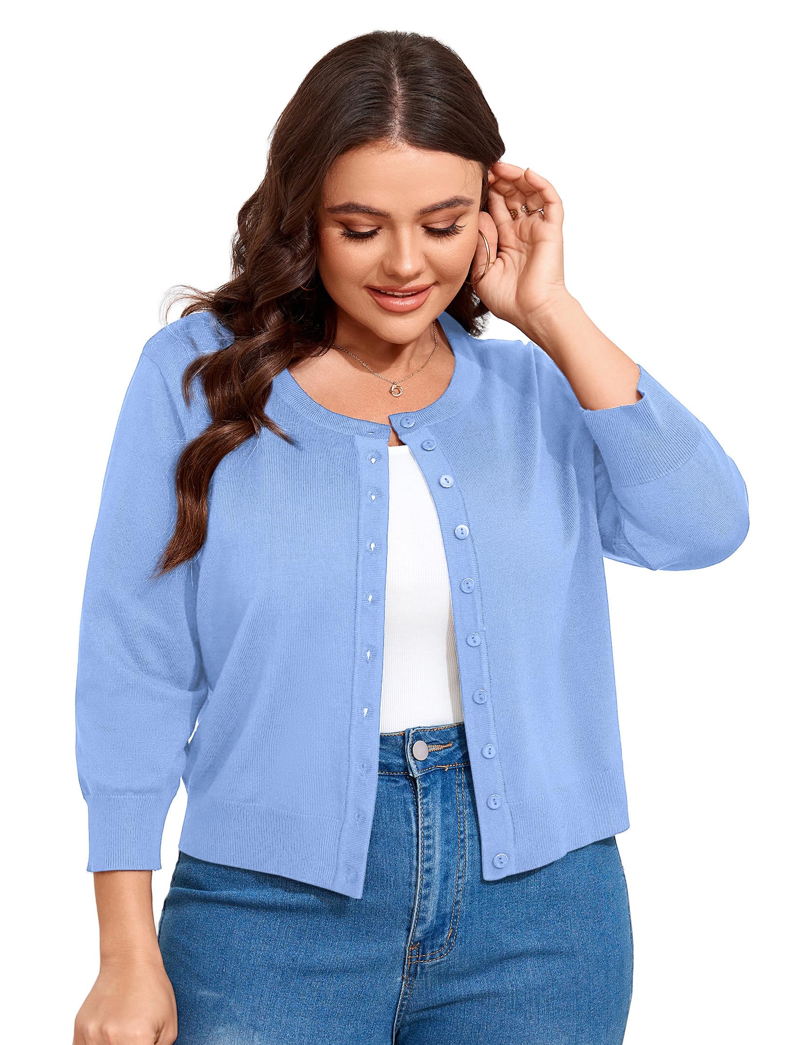 ShopWonder Women Plus Size Cardigan 3/4 Sleeve Crew Neck Bolero Button Down Sweaters Open Front Knit Bolero Shrugs