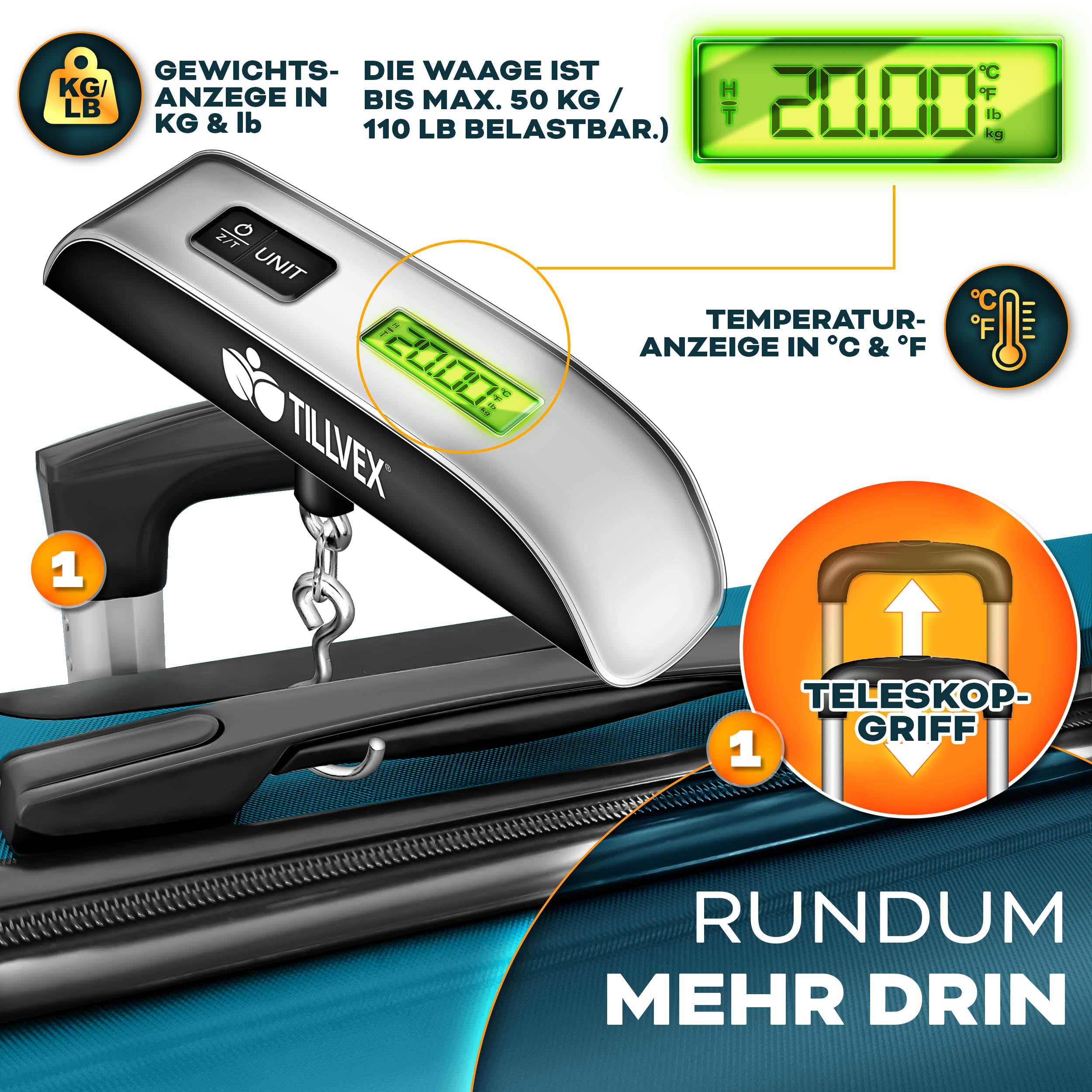 tillvex® Reisekoffer Set 4-teilig + Gepäckwaage, 4X Koffergurte & 4X Kofferanhänger | Kofferset 4 Rollen | Trolley Gepäck Koffer TSA Schloss | Hartschalenkofferset S-M-L-XL