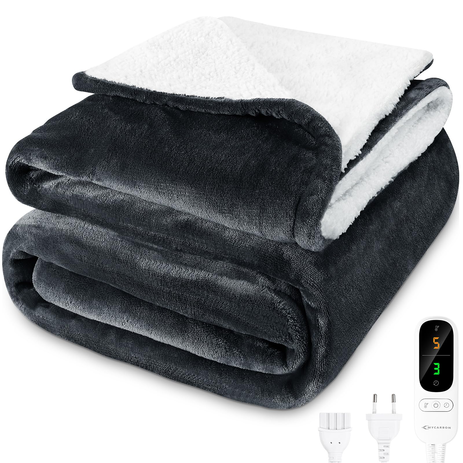 MYCARBON Coperta Elettrica Riscaldante 180x160cm, 6 Temperature da 30°C a 45°C, 9 Opzioni Timer 1-9h, Coperta Termica Matrimoniale Basso Consumo Lavabile(Grigio Scuro)