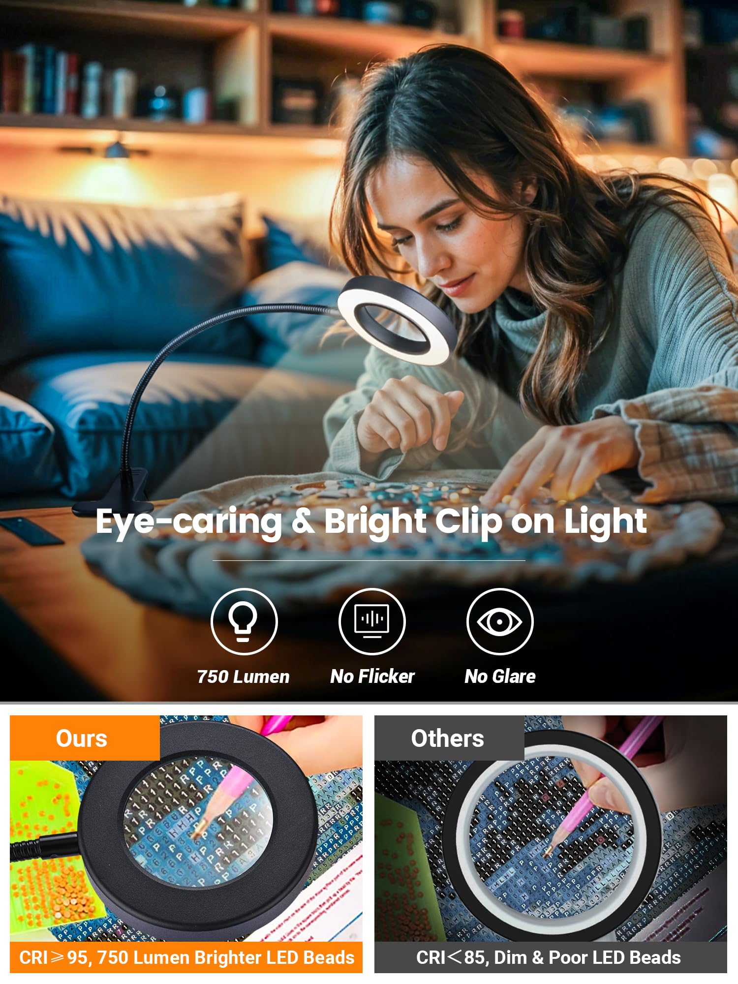 Lupa de 10 aumentos con luz, 3 colores + lámpara de lectura de 10 brillo, lupa de 58 LED con luz, lupa iluminada de 750 lúmenes para leer, lámpara de clip para escritorio, cama, trabajo, uñas