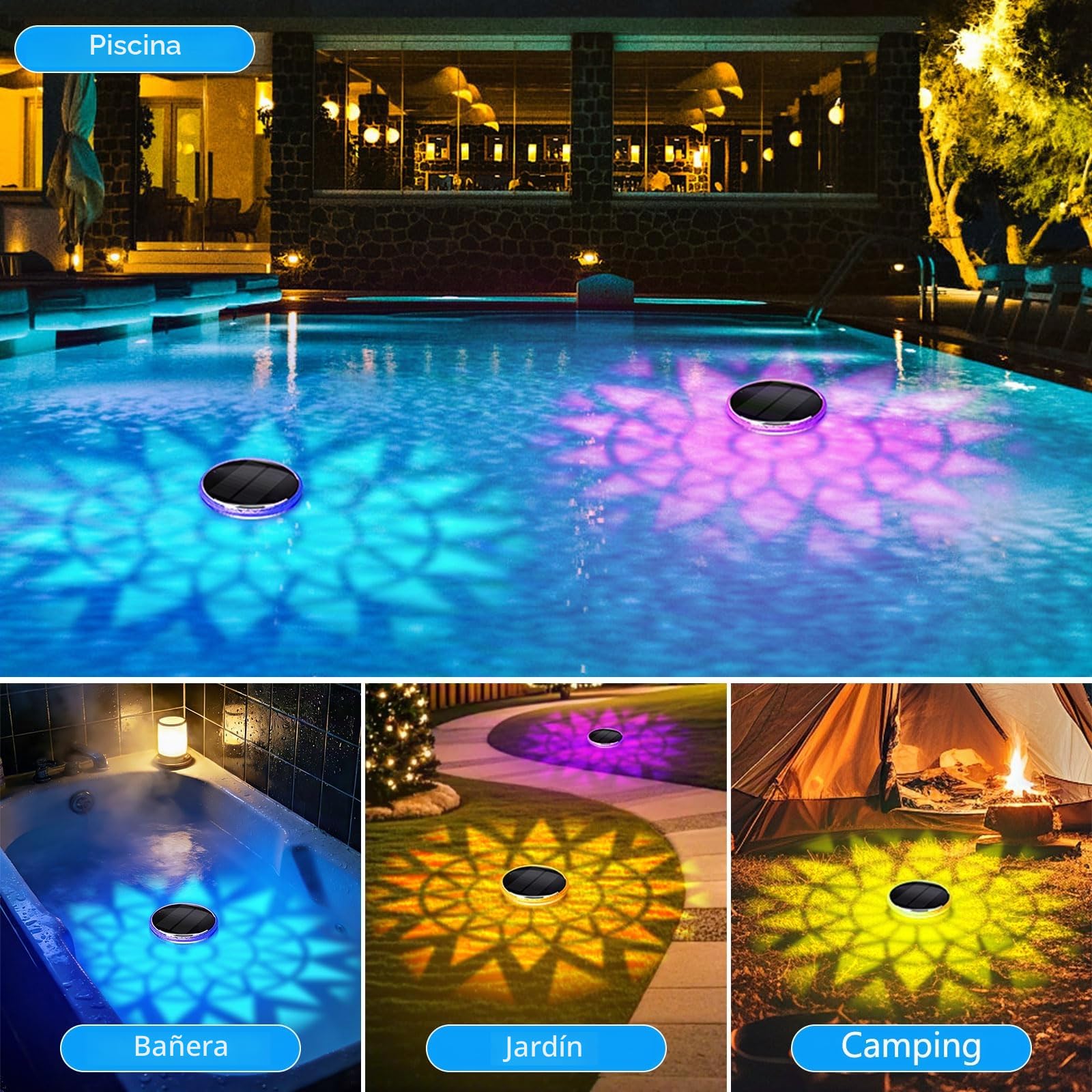 2 luces Luces Solares Subacuáticas para Ppiscina con Control Remoto, Paquete de Flotantes para Piscina 12 Modos de Color, Temporizador, Luces Flotantes para Piscina, Bañera, Acuario, Jardín