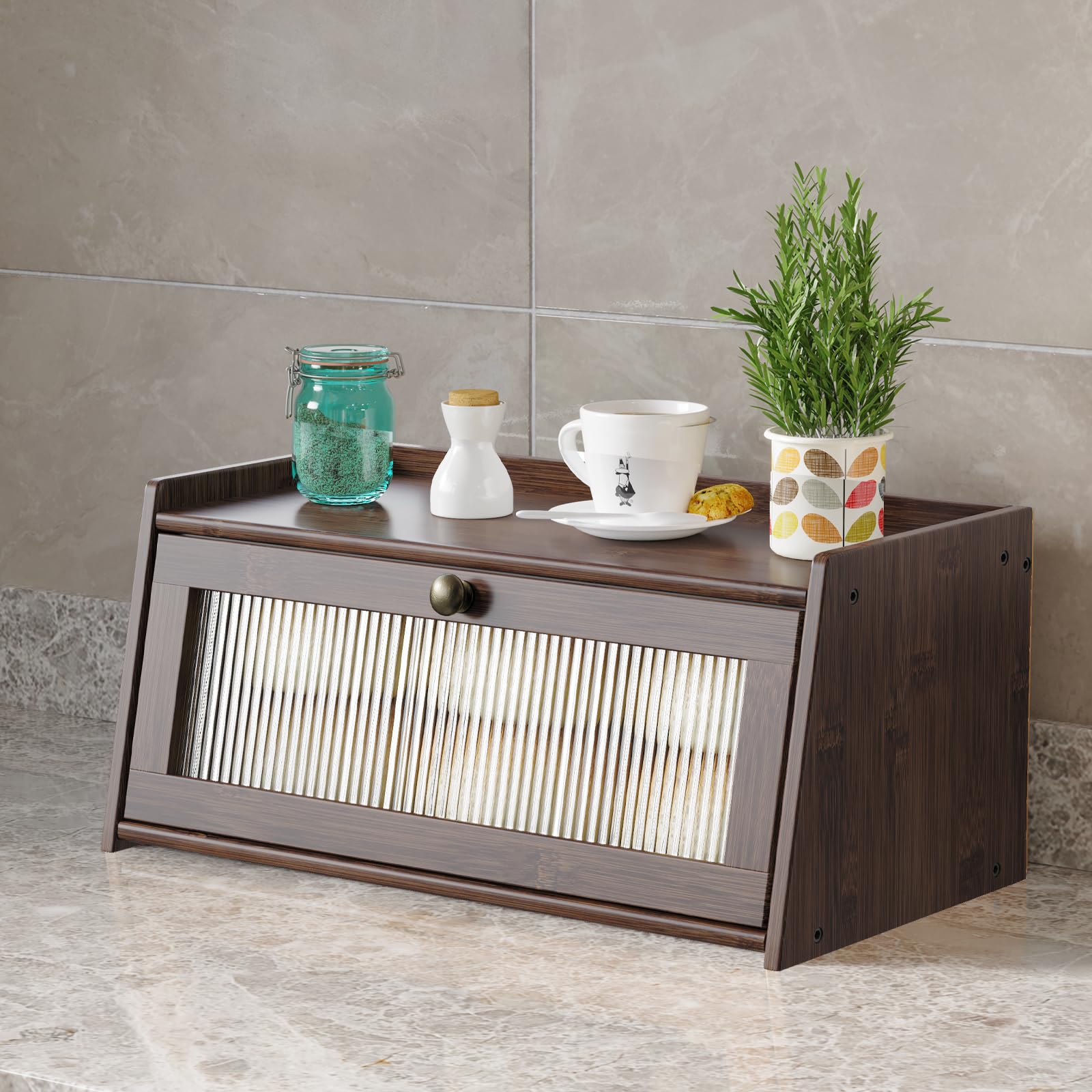 K KELBEL Bamboo Bread Box for Kitchen Counter, Wooden Large Capacity Bread Storage Bin with Window Bread Holder (Single Layer Brown)