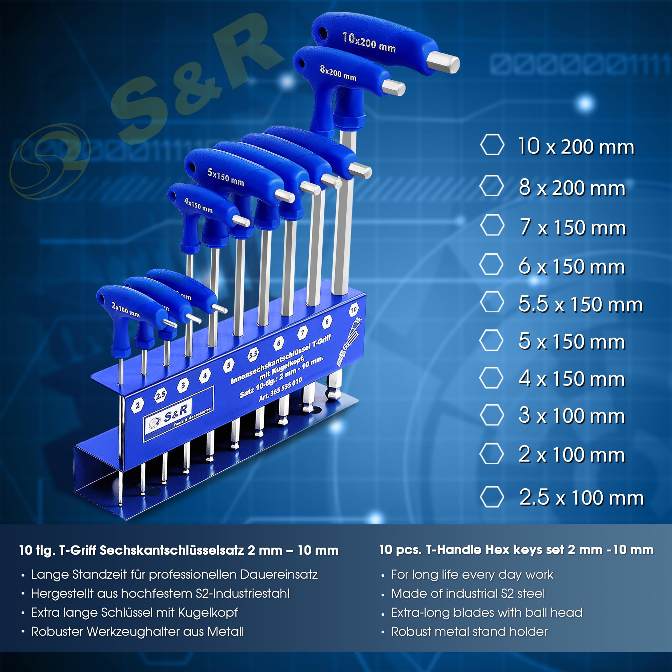 S&R Klucze imbusowe, zestaw kluczy sześciokątnych, HX, 10 szt. 2 mm - 10 mm, stal narzędziowa S2, z rękojeścią T, z główką kulistą, metalowy uchwyt narzędziowy, ekstra długi, metryczny