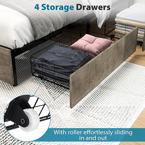 Miniatura 71 de Base de cama de tamaño matrimonial con cabecero, plataforma LED con 4 cajones de almacenamiento, estación de carga integrada, sin ruido, base de
