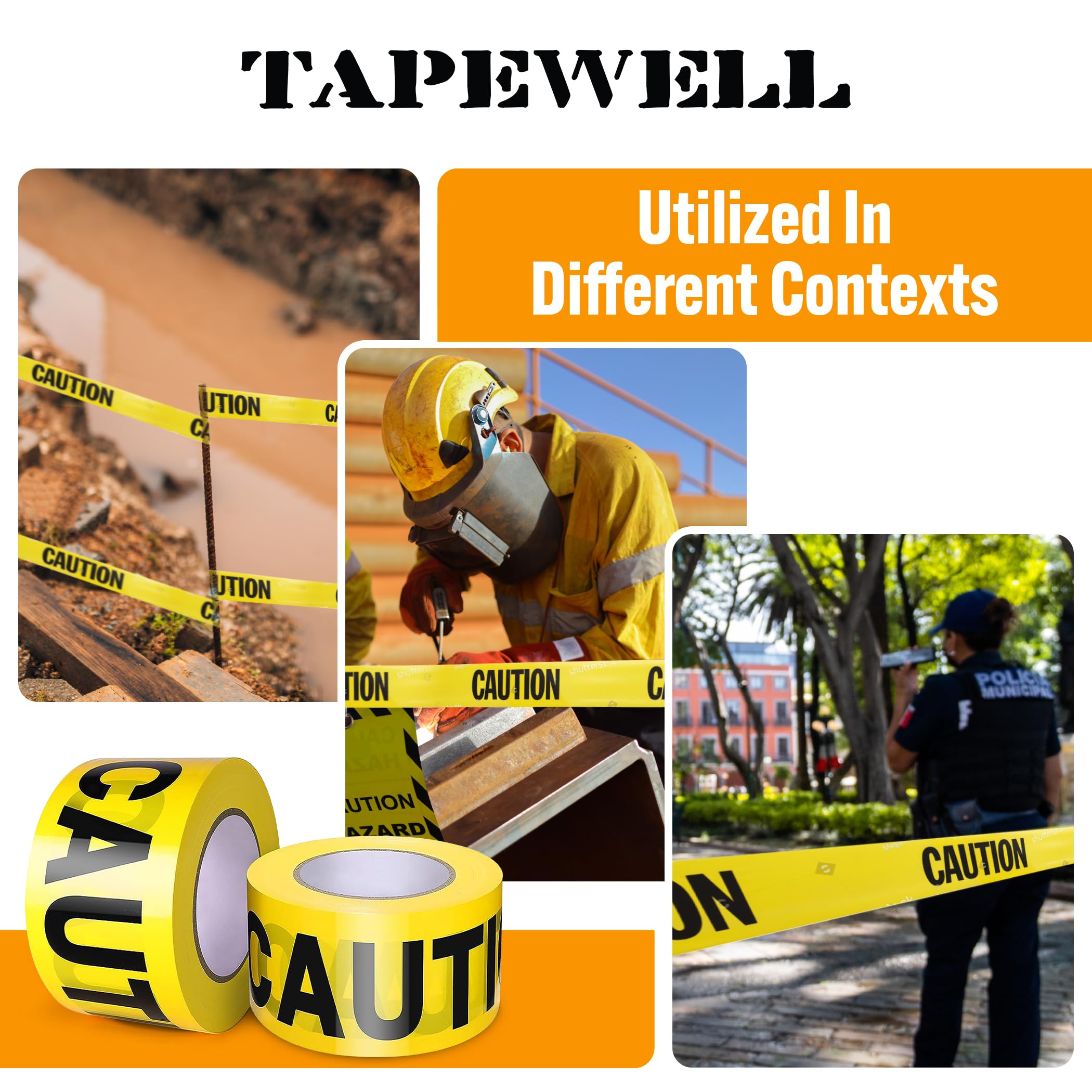 TAPEWELL Rollo de cinta de precaución amarilla de alta calidad, 3 pulgadas x 1000 pies, paquete de 3 cintas amarillas brillantes para escenas del crimen, rollos de cinta de construcción para zonas
