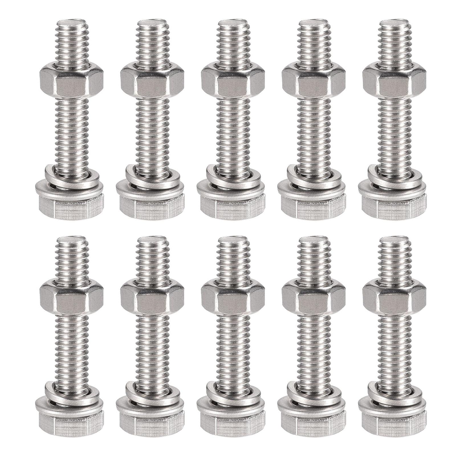 TOP-VIGOR 10Pcs M6 x 30mm Hex Head Screws Bolts, Nuts, Flat & Lock Washers Kits