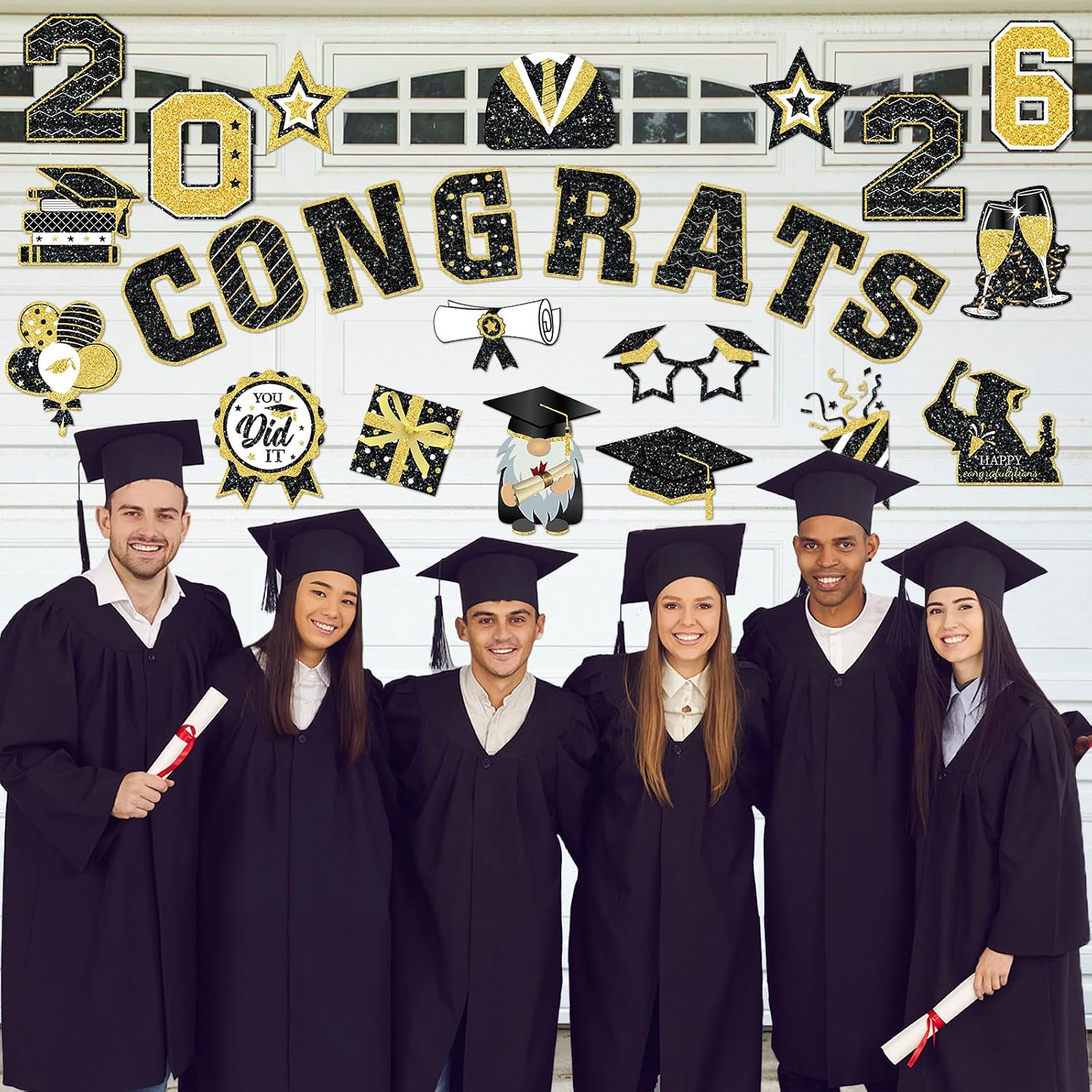 Landhoow 30 Pcs Graduation Car Magnets 2026 Senior Graduation Car Decoration Bumper Sticker Congrats Grad Magnet Magnetic Refrigerator Decal for Grad Parade Party Supplies(Black, Gold)