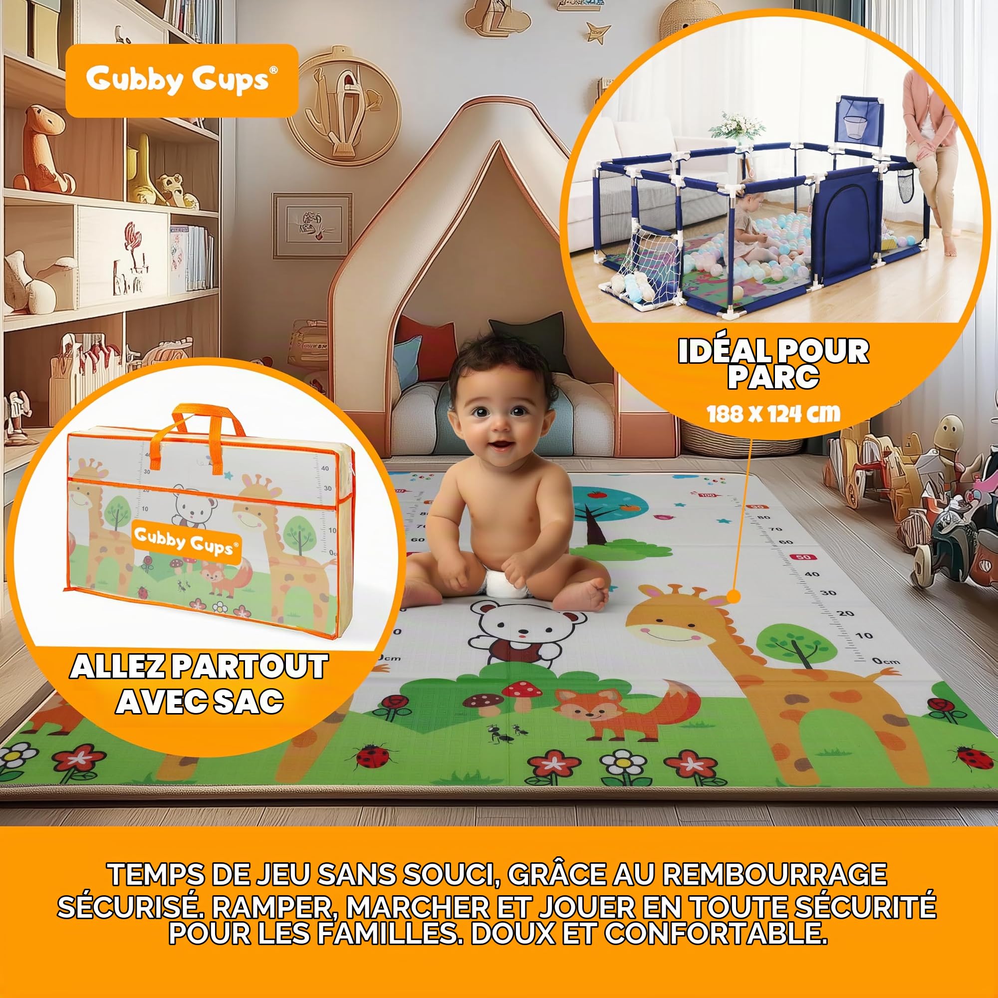 Tapis de jeu pour bébé 180x120x1cm pliable, imperméable, antidérapant Anti-Slip® Tapis pour enfants réversible, non toxique, sans substances nocives en mousse XPE