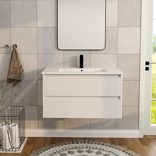 Combinación de tocador y fregadero flotante de 30 pulgadas, armario pequeño montado en la pared con puerta de cierre suave (006 CAW, 30 pulgadas)