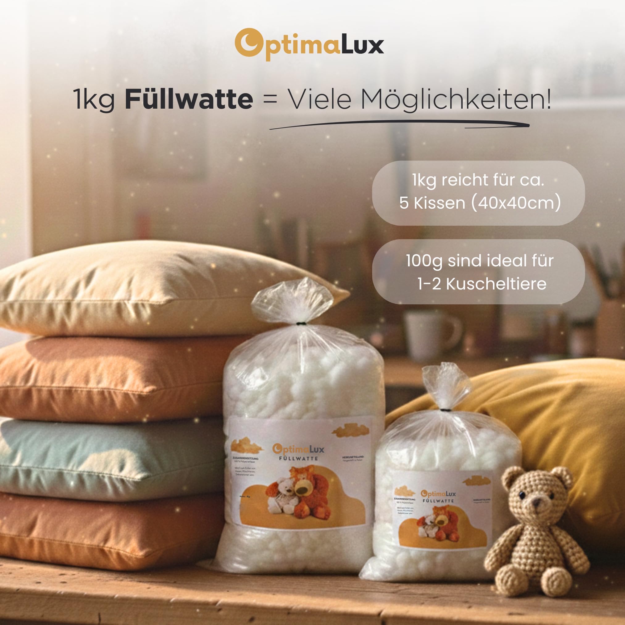 3kg Füllwatte Hochflauschig – Premium Füllmaterial für Kissen, Kuscheltiere, Amigurumi & Bastelwatte – 100% Polyester Fasern, Waschbar, Formbeständig, Stopfmaterial Weiß (3 x 1000g)
