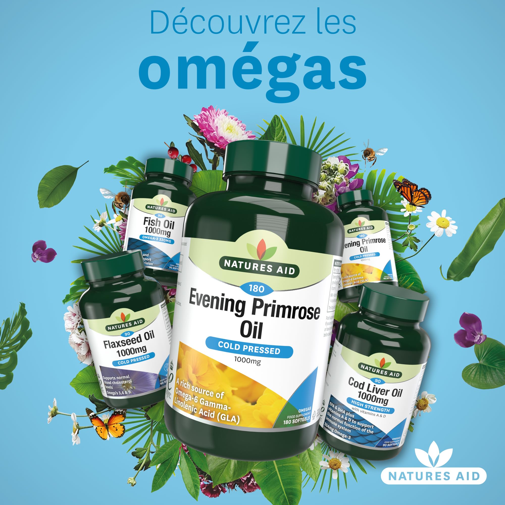 Natures Aid Huile d'Onagre 1000Mg en Gélules Souples - Source Naturelle d'Acides Gras Essentiels Omega 6 de Haute Puissance Pressés à Froid: Acide Gamma Linolénique (AGL) - 180 Jours en Capsules