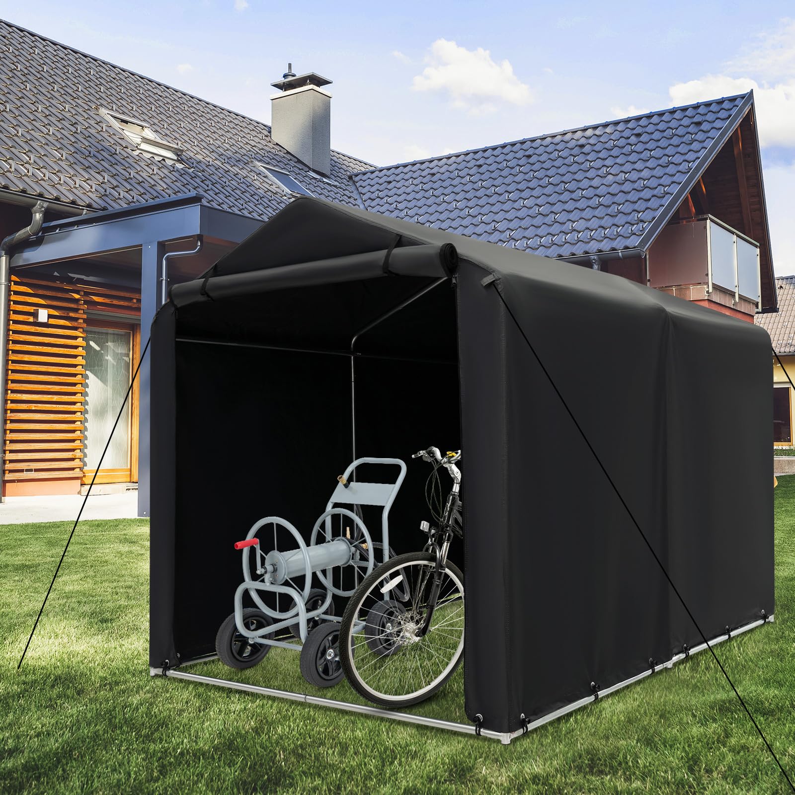 GOPLUS Cobertizo para Bicicleta, Funda Impermeable Exterior para Bicicletas, Moto, Herramientas, Almacenamiento, Refugio con Puerta Enrollable con Cremallera para Patio Garaje (Gris Oscuro)