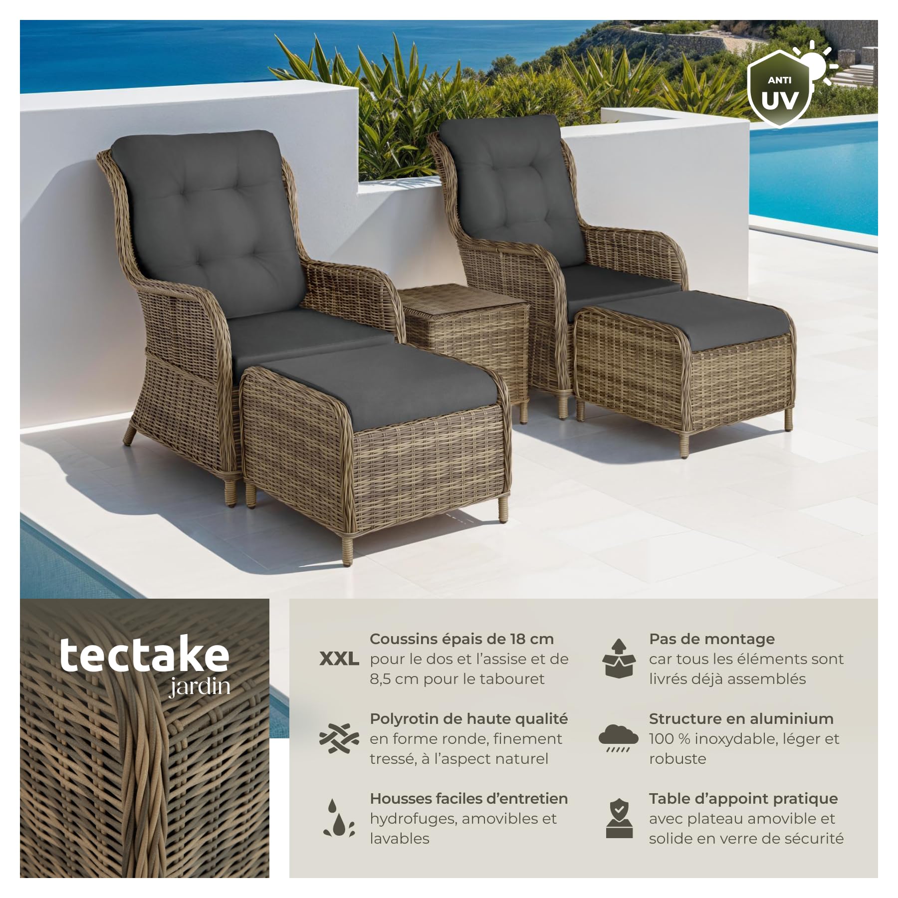 tectake® Salon de Jardin Extérieur en Poly Rotin et Aluminium 2 Personnes Ensemble Fauteuil salon, Tabouret pouf & Table de Jardin, Coussins inclus, Mobilier de jardin pour Amenagement Balcon Terrasse