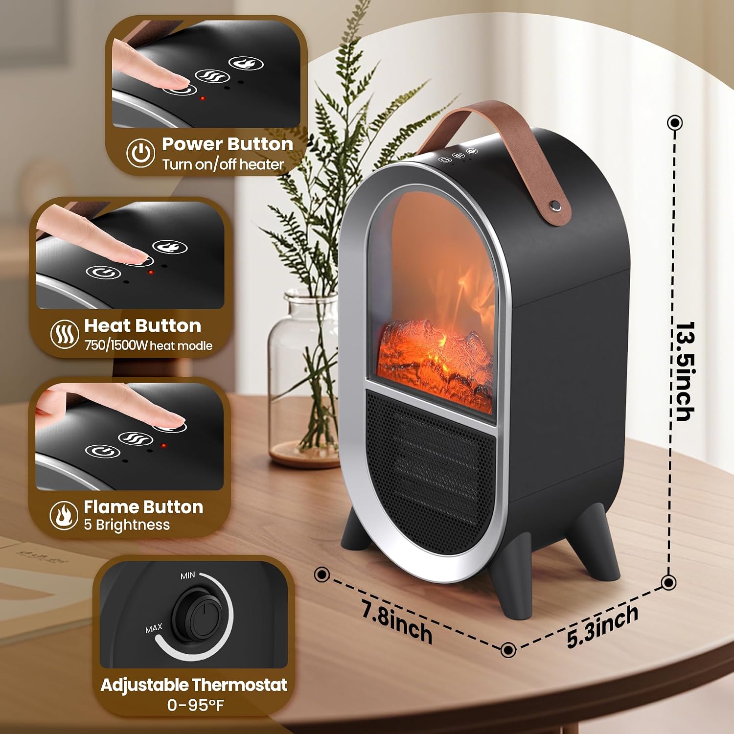 Portable Electric Fireplace Heater, 1500W/750W Mini Space Heater for Indoor Use with 3D Flame, Thermostat, Carry Handle, Overheat & Tipover Protection, for Home Office Bedroom Desk, Black