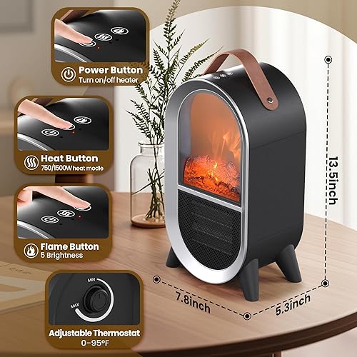 Miniatura 5 de Calentador eléctrico portátil para chimenea, 1500 W750 W, mini calentador de espacio para uso en interiores con llama 3D, termostato, asa de