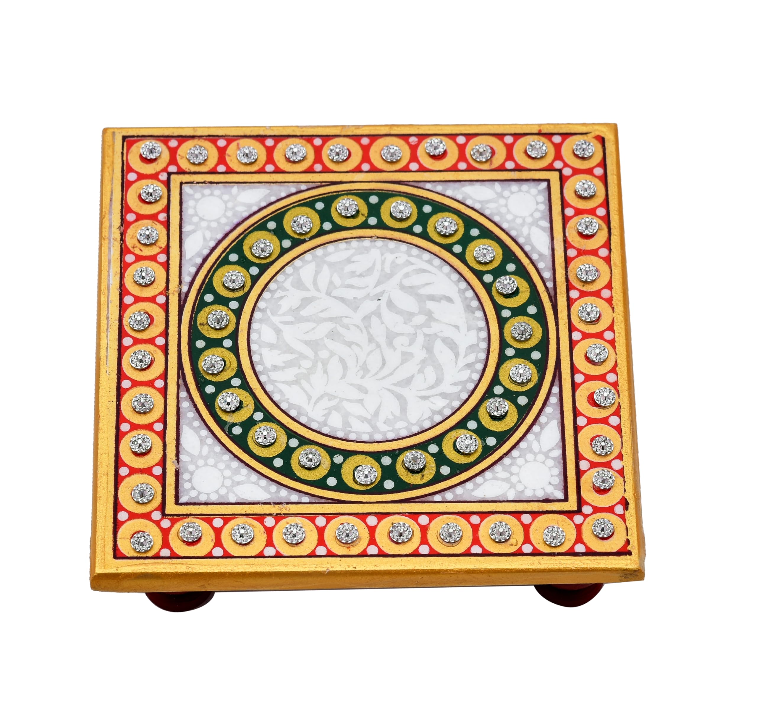 Designer Marble Pooja Chowki - Peacock & Flower Decor -7