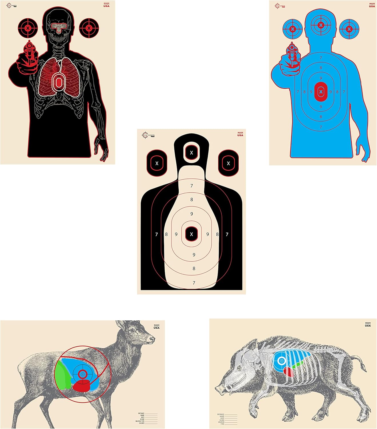 Shooting Range Targets, 50 Target Pack, 10 Targets of Each Target Design, Silhouette Targets, Rifle, Gun, Pistol, BB Guns, Airsoft, Pellet Gun, Air Rifle
