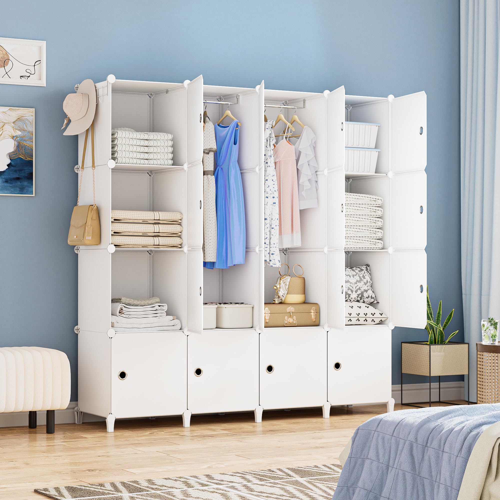 HOMIDEC Armario Modular, Guardarropa portátil de 16 Compartimentos para Dormitorio, Armario con Barra para Colgar Ropa, Compartimentos más Profundos Aptos para Perchas