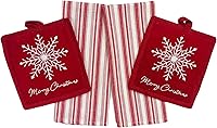 Vista 17 de Paños de Cocina y Agarraderas Navideños - Juego Alegre de Navidad de 4 Piezas 100% Algodón Verde Rojo Blanco - Dos (2) Paños de Cocina, Un (1)