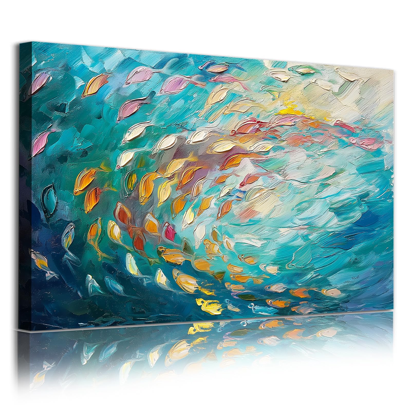 Turquoise Abstract Canvas Wall Art Fish Dancing Picture Contemporary Hand Painted Wall Art Teal Blue Modern Abstract Painting Texture Abstract Picture Blue Abstract Beach Print Canvas 16x24in No Frame