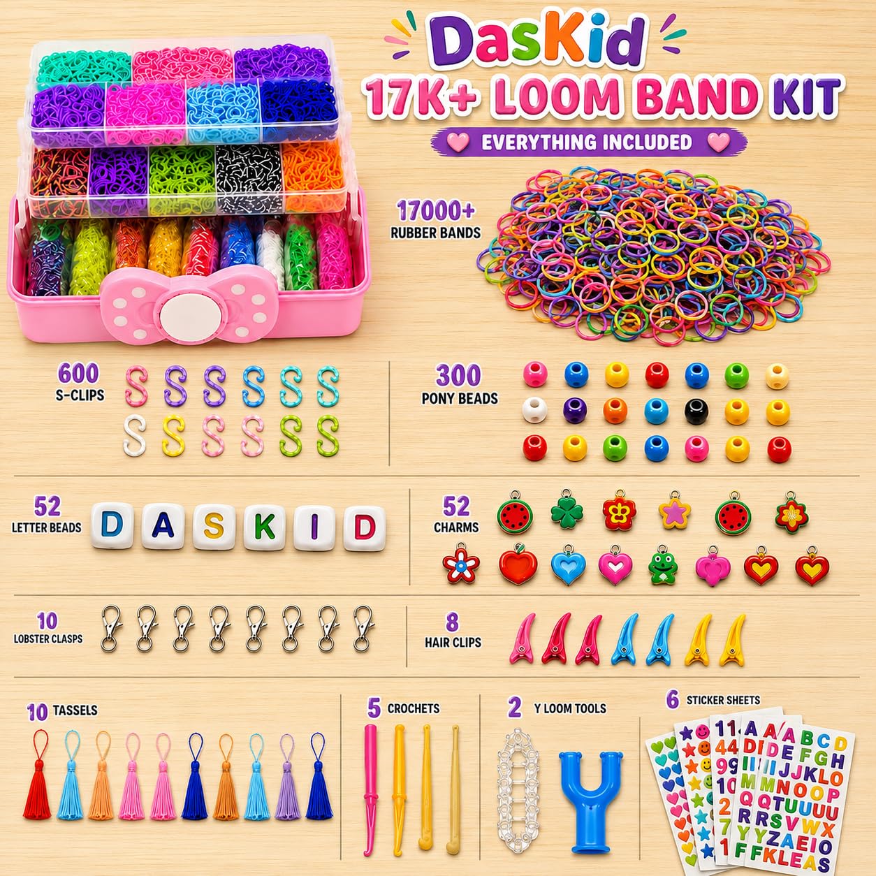 DasKid Kit de más de 17,000 bandas de telar, 32 colores vibrantes con calcomanías, tablero, cuentas del alfabeto, ganchos en S y llaveros, kit de manualidades en caja de almacenamiento rosa, regalo