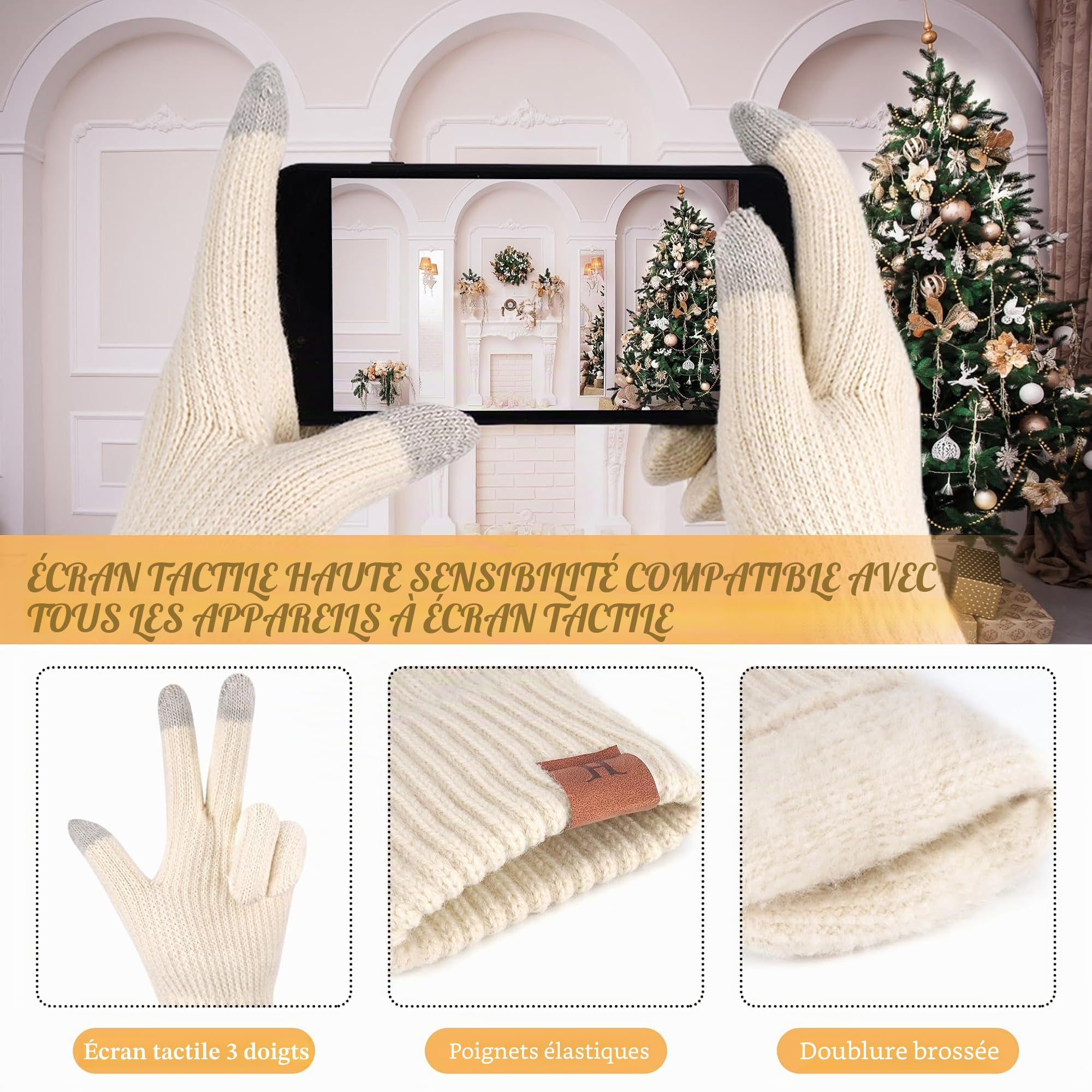 ZASFOU Femme Hiver Bonnet Chapeau Foulard Écran Tactile Gants Tricot Torsadé Ensemble Pompon Polaire Doublé Casquette Écharpe Gant Cadeaux Femmes