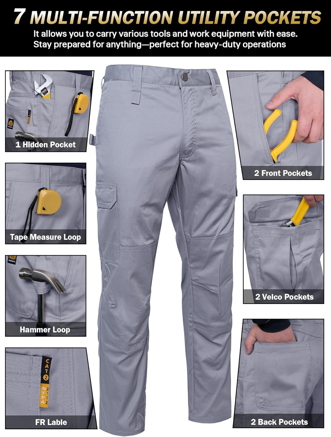 WORKWEYA FR Pants for Men 7.5oz 100% Cotton FR Pants Multi-Pocket FR Pant NFPA2112/CAT2 - Image 5
