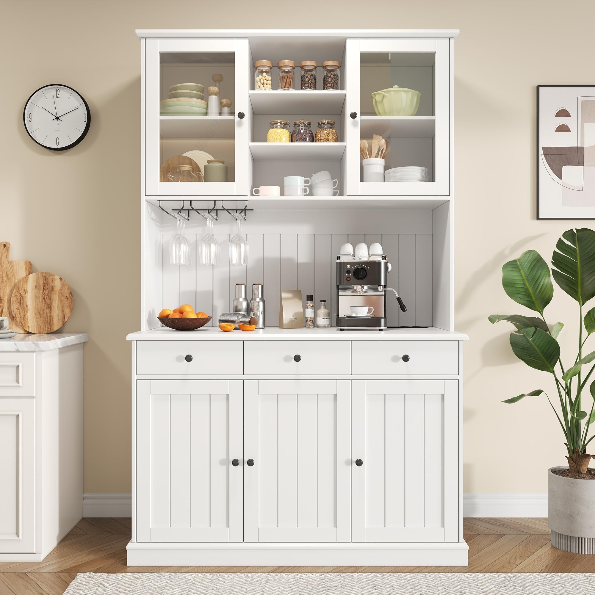 Küchenschrank mit USB Buchse für Wohnzimmer, Hochschränk mit Schubladen & Türen, Vorratsschrank mit Verstellbaren Regal & Weinregal, Buffetschrank für Esszimmer, 191x120x40 cm (Weiß)
