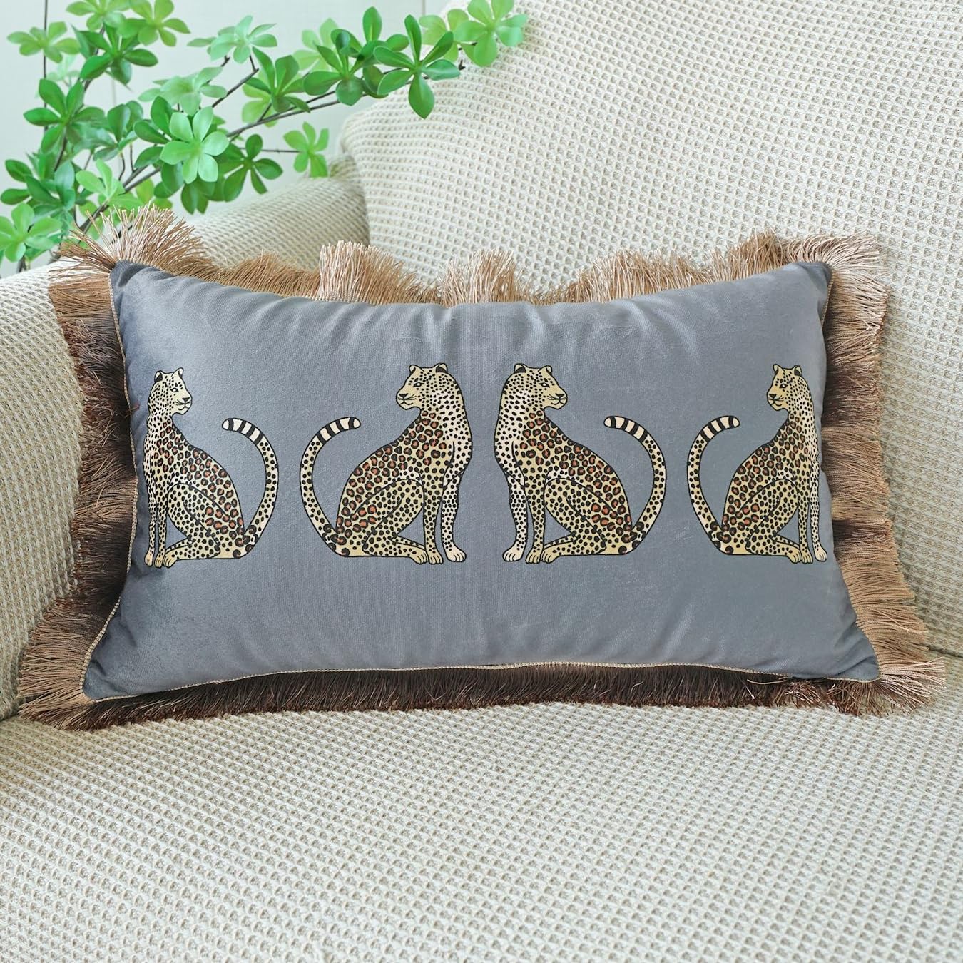Fzkun Grey Leopard Throw Pillow Cover With Tassels - Luxury Royal Style Soft Velvet Cushion Case For Sofa Couch Stylish Cheetah Decorative Pillowcase For Living Room Bedroom (,30 * 50Cm)