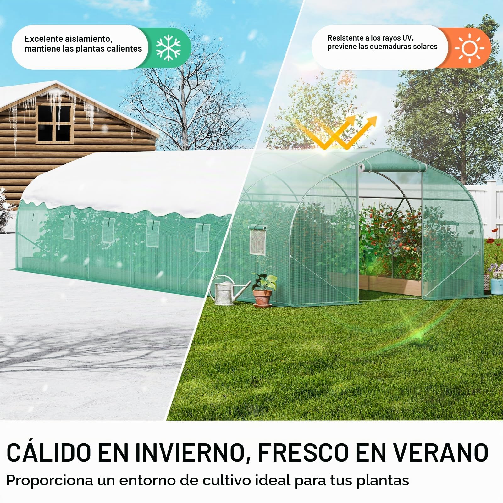 VEVOR Invernadero Túnel 900x300x200 cm Carpa Refugio para Plantas con Estructura de Acero Galvanizado Cubierta de PE Verde Puerta Enrollable con Cremallera 12 Ventanas para Cultivo de Verduras Flores