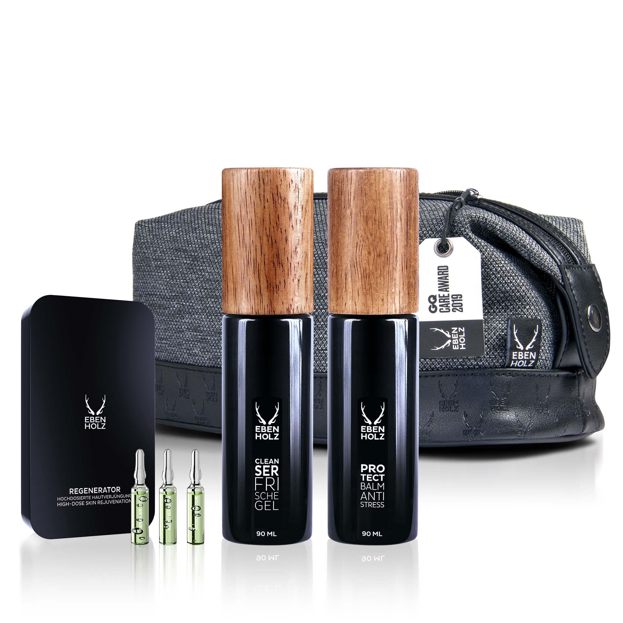 EBENHOLZ Skincare – zestaw do pielęgnacji twarzy – uspokajający zestaw do pielęgnacji twarzy dla mężczyzn, delikatny żel oczyszczający, balsam antystresowy, ampułki regenerujące, uspokaja zestresowaną