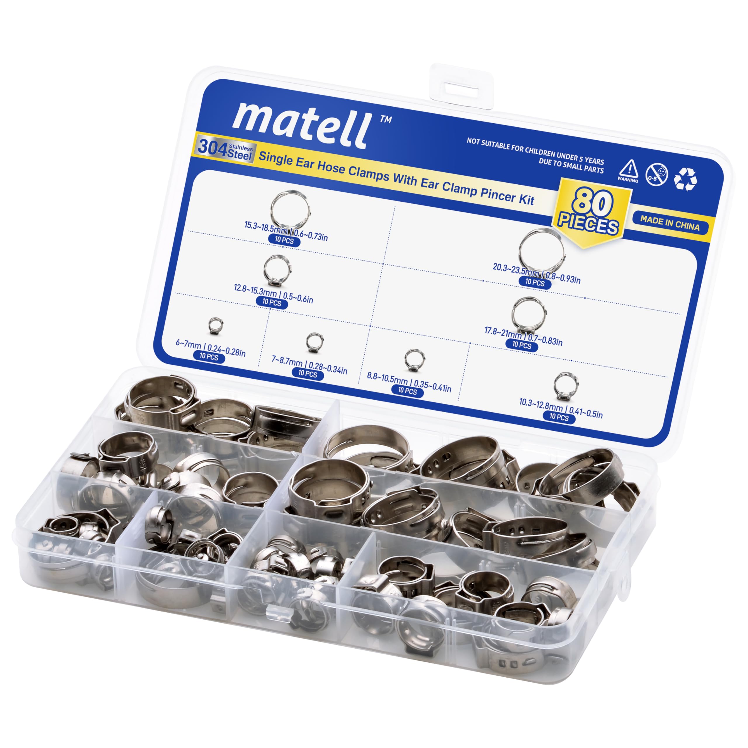 matell 80 pcs Single Ear Hose Clamps, 304 Stainless Steel pex pinch clamps for Securing Pipe Hoses and Automotive Use,8 sizes 6mm-23.5mm