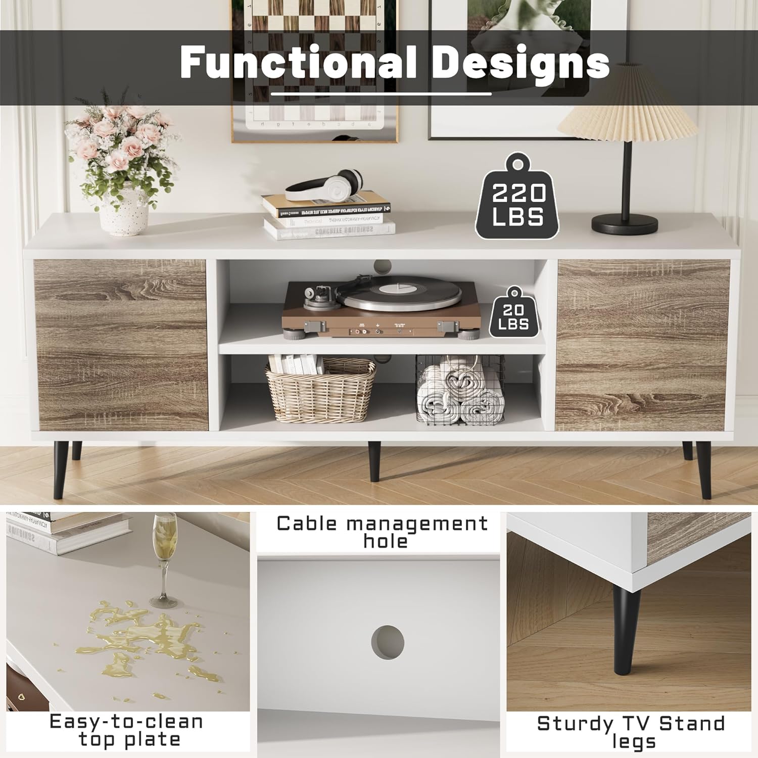 Flamaker TV Stand, 58 Inch Entertainment Center with 2 Doors and 2 Storage Cabinets for TV up to 65 inch, TV Console Table for Living Room, Bedroom, Office (White and Oak)
