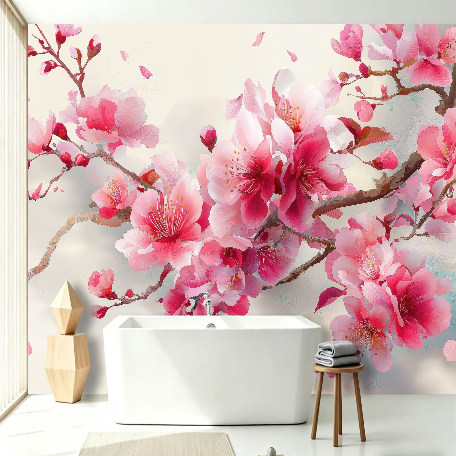 Panoramiczna tapeta akwarelowe kwiaty 300 x 210 cm (dł. x wys.), dekoracja ścienna do pokoju dziecięcego salon kuchnia - gobelin unikalny i nowoczesny design - gałązki kwiat wiśni 3D