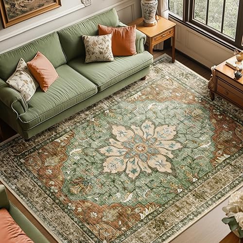 Area Rugs 8'x10' Washable Non-Slip, Floral Vintage Distress Print Pattern