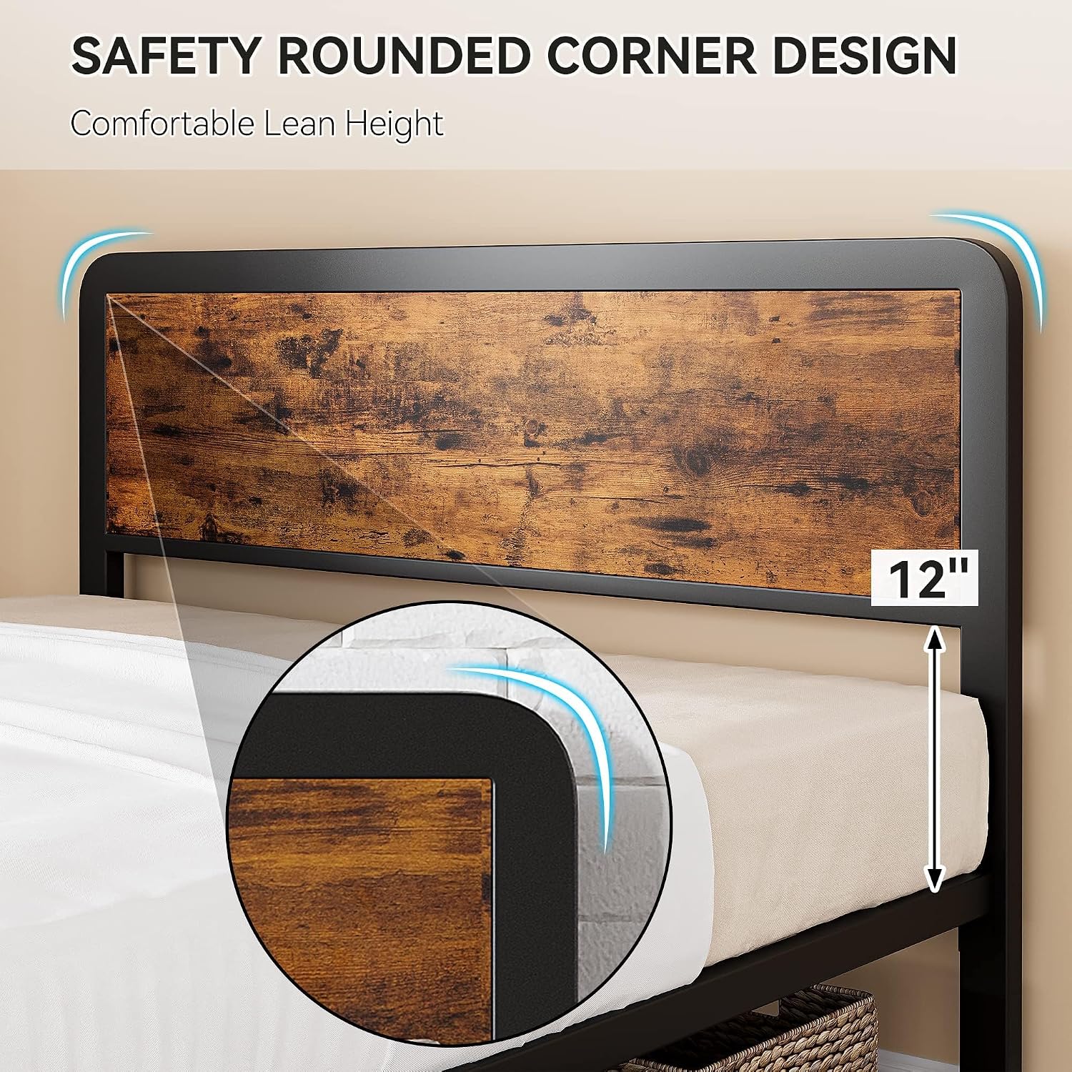 Close-up of the safety rounded corner design on the bed frame headboard
