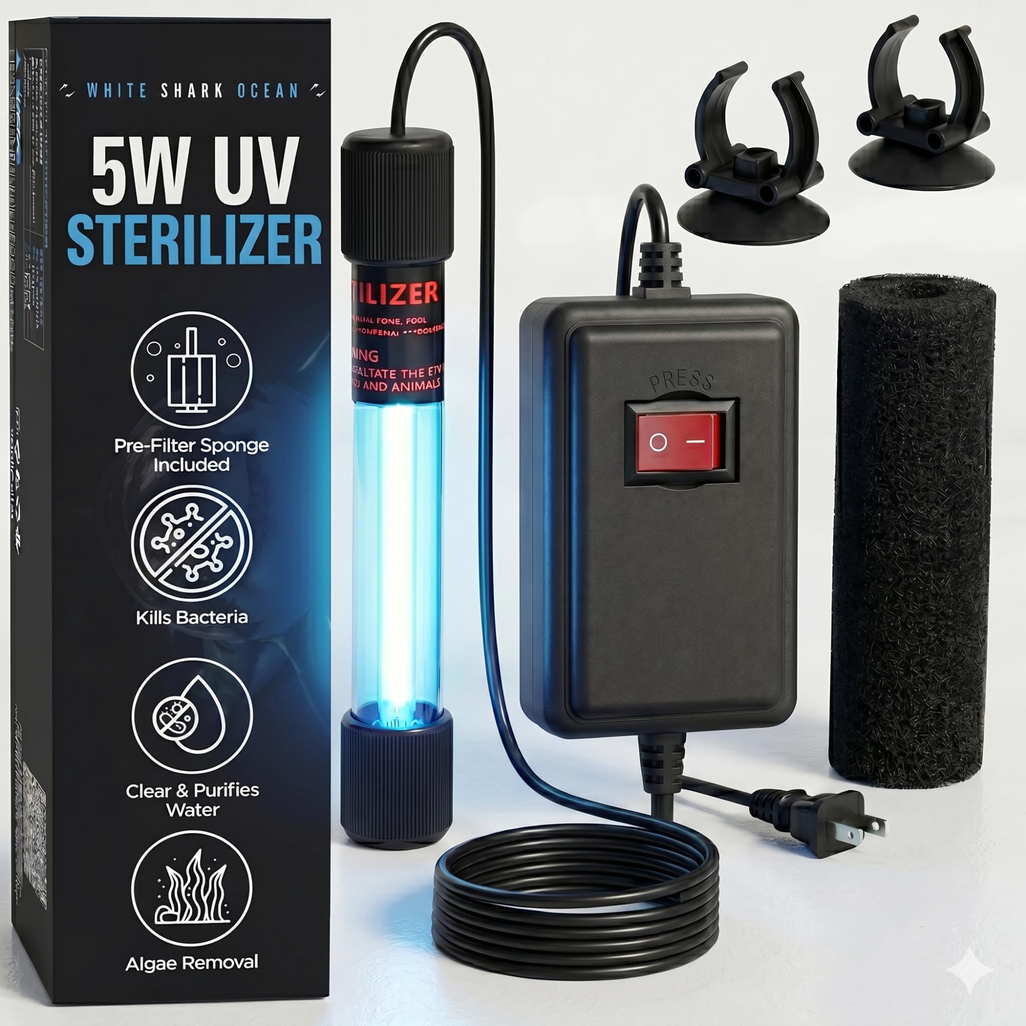 Aquarium UV-C Light 5W – Submersible UV Clarifier for Freshwater &amp; Saltwater Tanks, Sumps &amp; Small Ponds – Clears Green Water Fast – 9.8 ft Power Cord – Filter Sponge &amp; 2 Suction Cups Included!